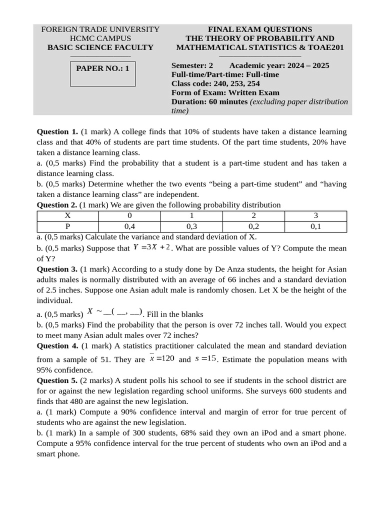 Probability and Statistics Exam Questions | PDF | Standard Deviation ...