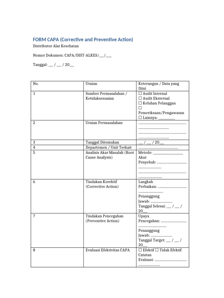 Formulir CAPA untuk Distributor Alat Kesehatan | PDF