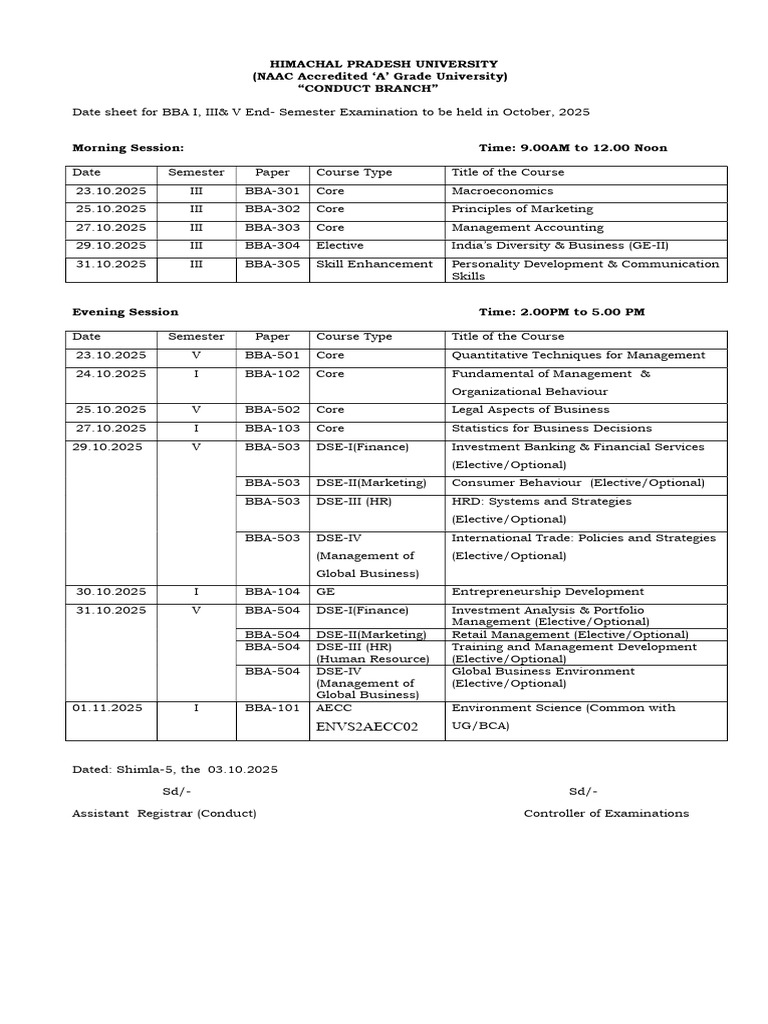 BBA & BCA Exam Datesheet 2025 | PDF | Business | Economies