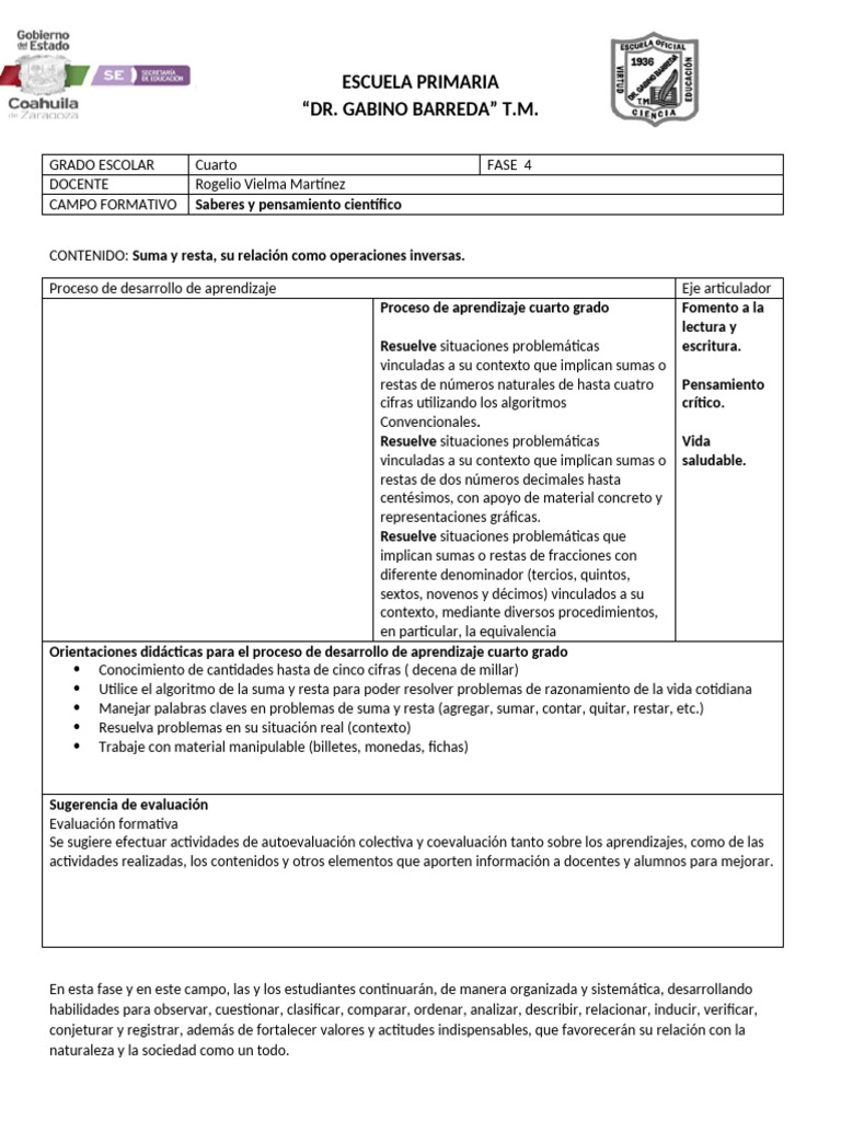 Plan Analitico 4 Grado | PDF | Evaluación | Aprendizaje