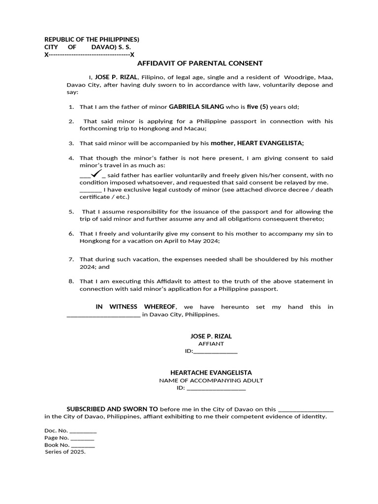 Affidavit of Parental Consent for Travel | PDF | Affidavit