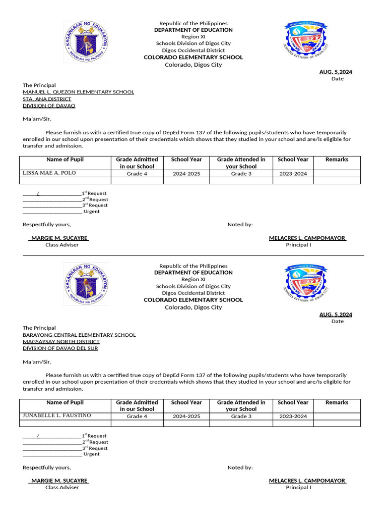 Request for DepEd Form 137 Copies | PDF | Government | Philippines