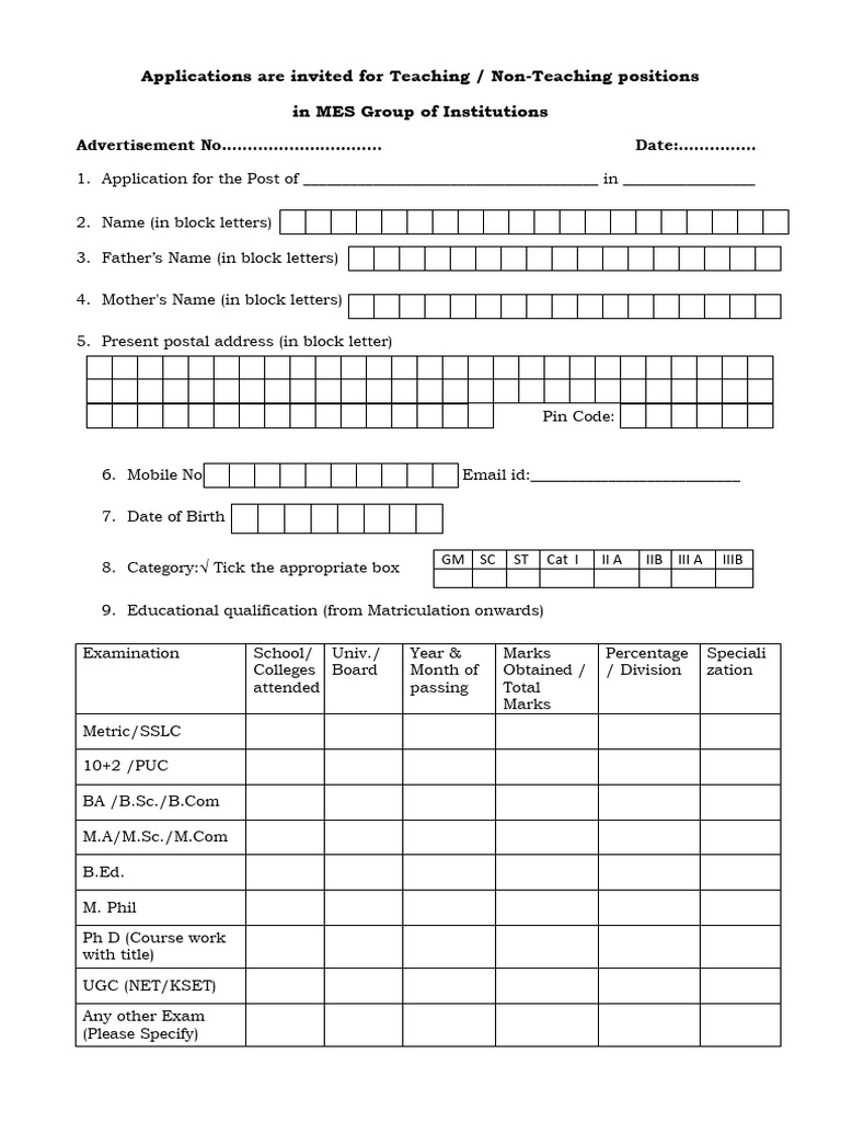 MES Group Teaching Positions Application | PDF