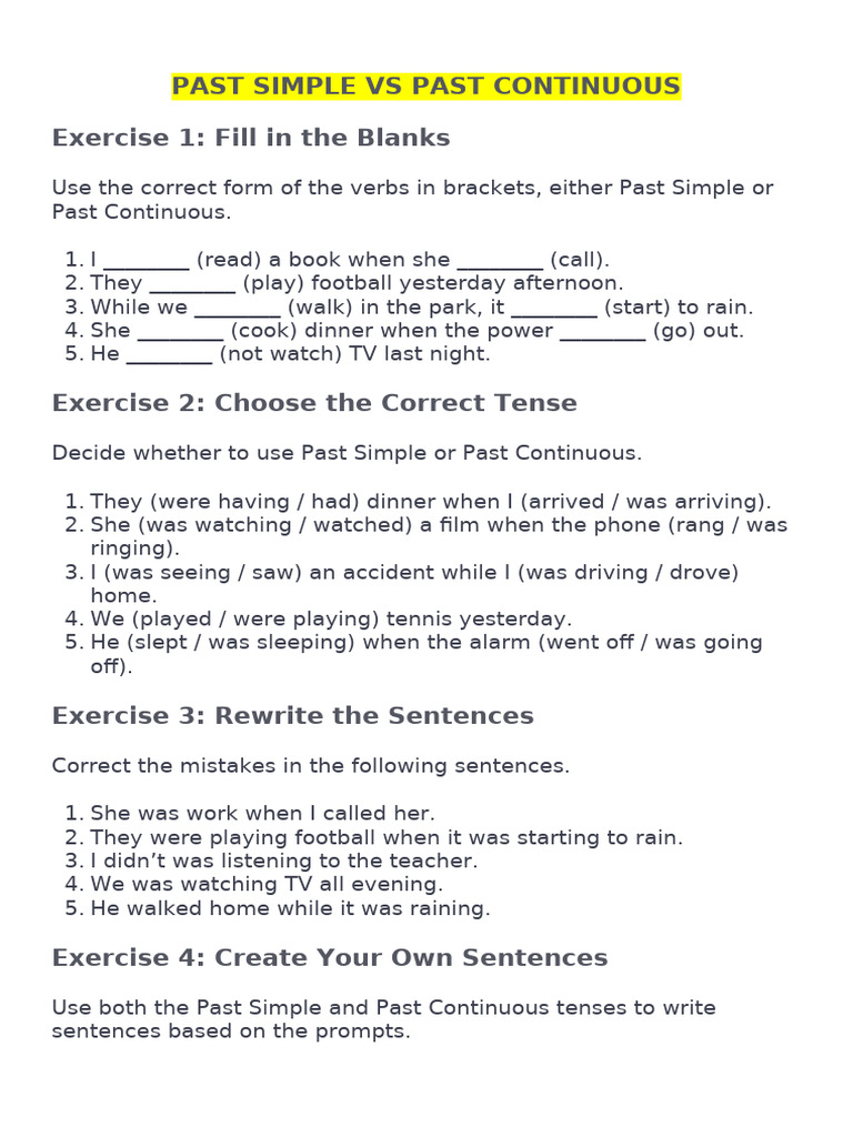 Past Simple vs Past Continuous Exercises | PDF | Grammar | Language ...