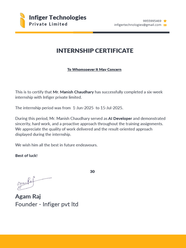 Internship Certificate for AI Developer | PDF