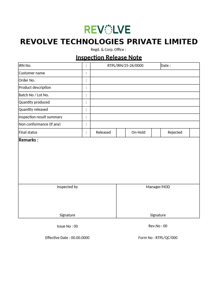 Inspection Release Note Template | PDF