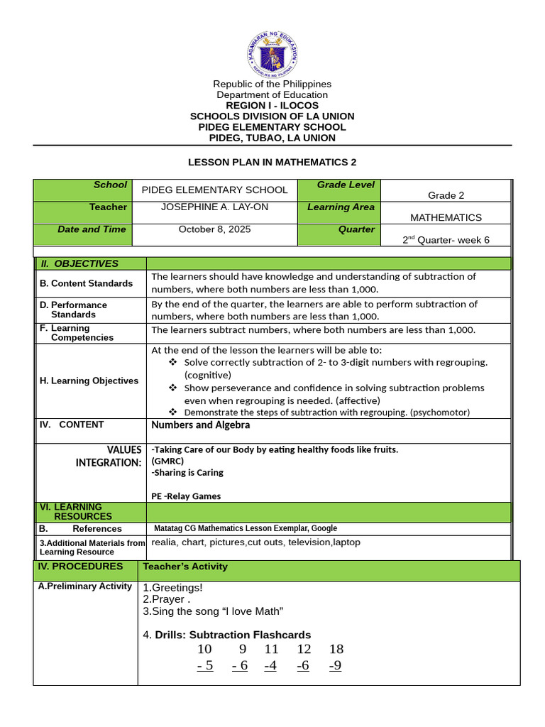 Grade 2 Math Lesson Plan: Subtraction | PDF | Subtraction | Learning