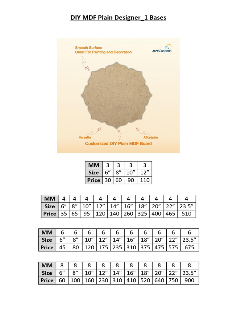 Bases MDF Design DIY : Tailles et Prix | PDF