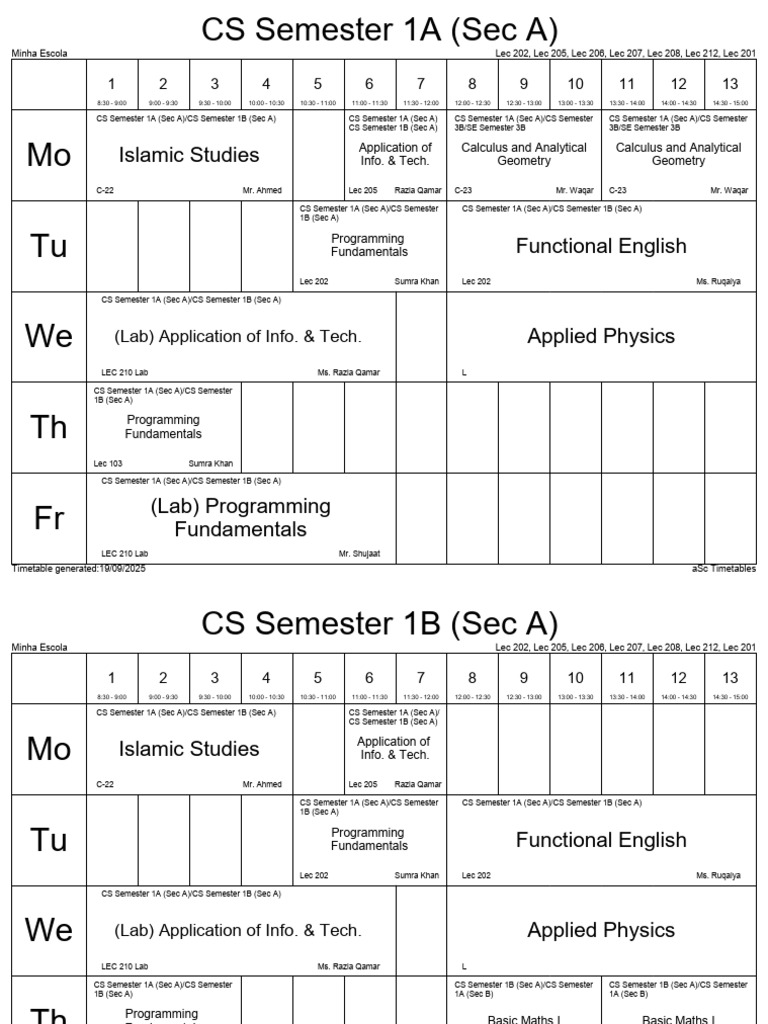 CS Semester 1 Timetable 2025 | PDF | Applied Mathematics | Mathematics