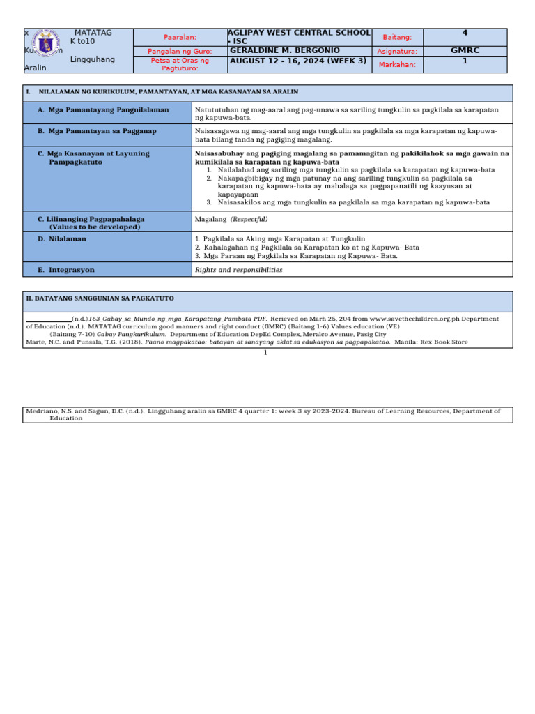 DLL Matatag - GMRC 4 q1 w3 | PDF