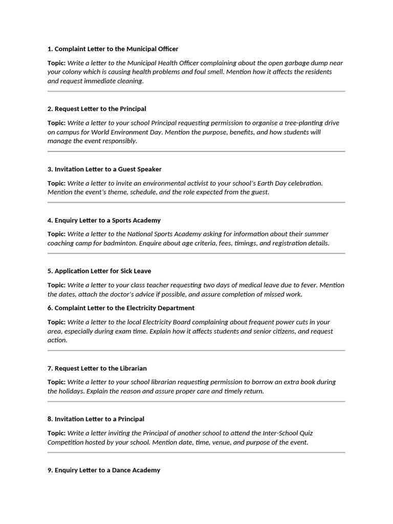 Formal Letter Writing Topics for Students | PDF