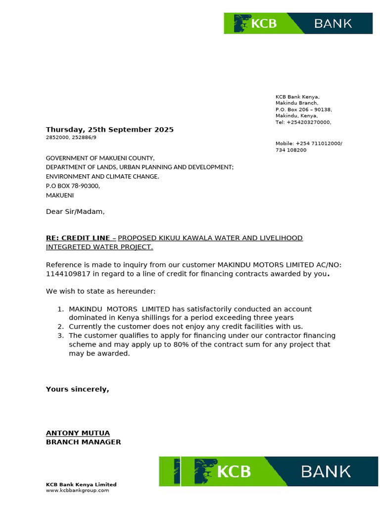 KCB Bank Credit Line Proposal for Water Project | PDF