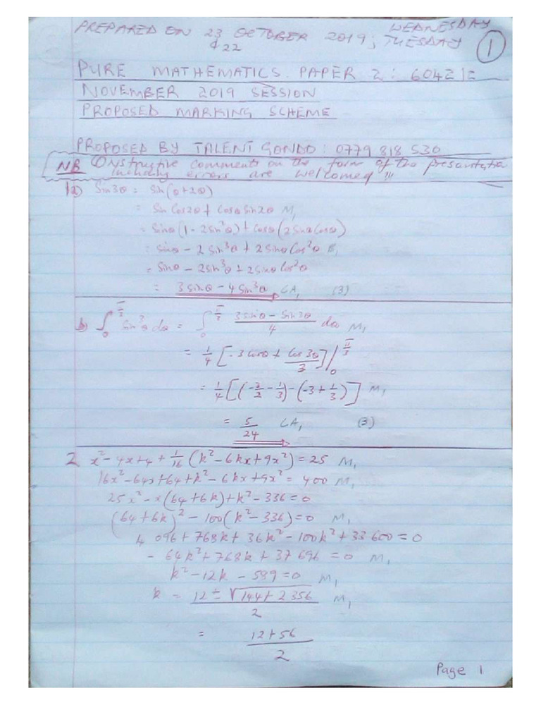 Pure Maths Paper 2 Nov 2019 Marking Scheme by MR Gondo-2 | PDF