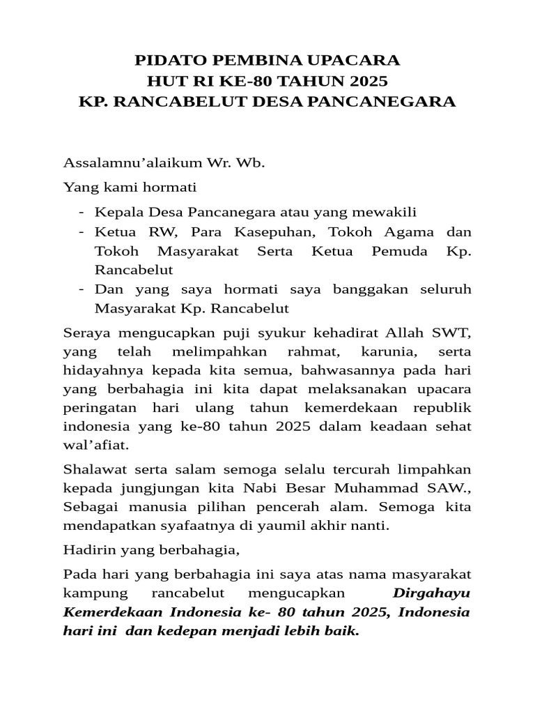 PIDATO HUT RI Ke-80 di Rancabelut | PDF