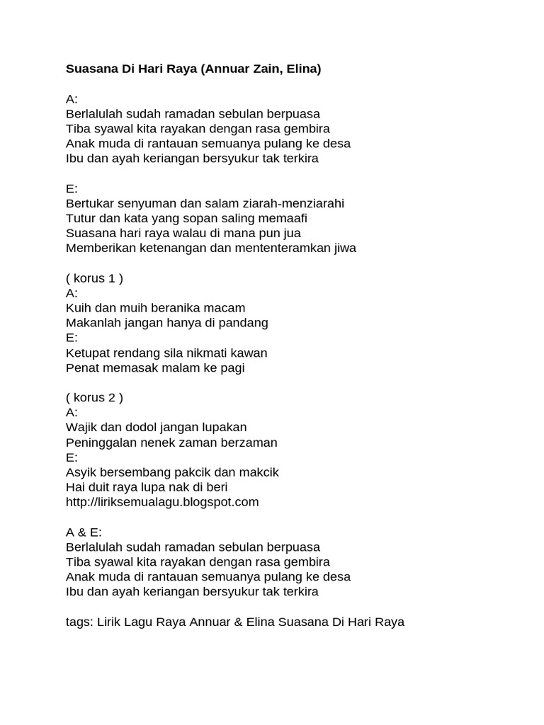 Lirik Lagu Raya: Suasana dan Selamat Hari Raya | PDF