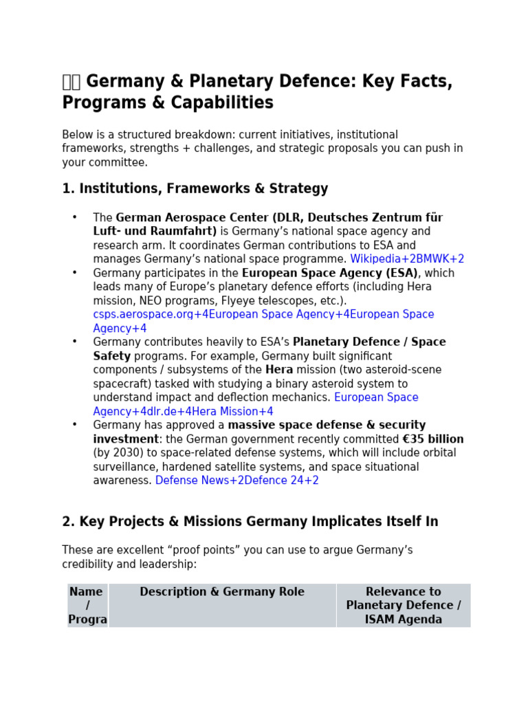 Germany's Role in Planetary Defence | PDF | Outer Space | Spaceflight