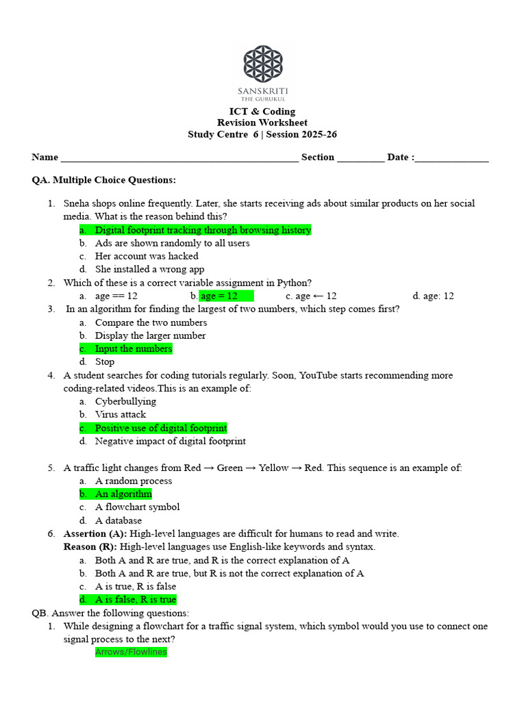 ICT & Coding Revision Worksheet 2025-26 | PDF | Computer Program ...