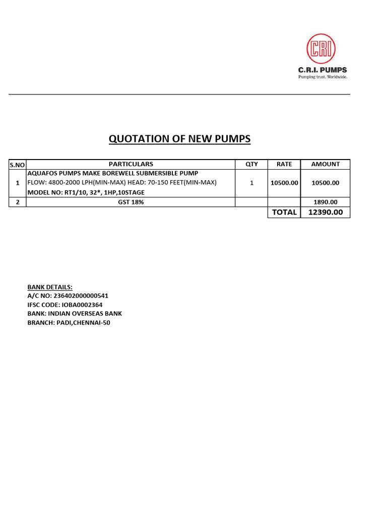 Quotation For 1 HP Borewell Pump | PDF