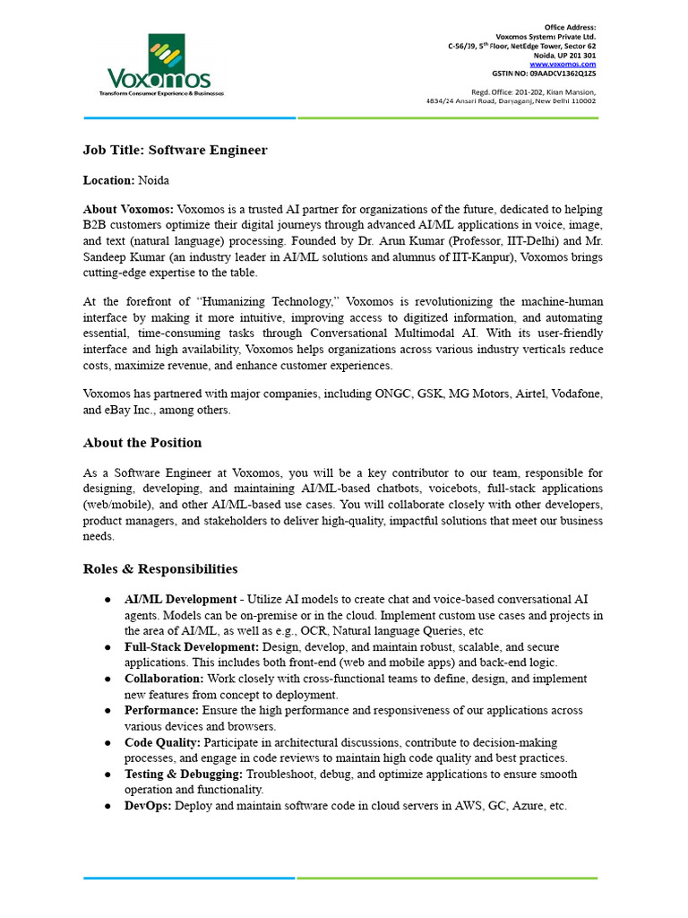 Software Engineer Position at Voxomos | PDF | Cloud Computing ...