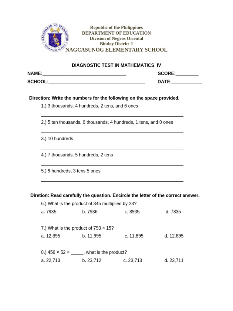 Diagnostic Math Test for Grade IV | PDF