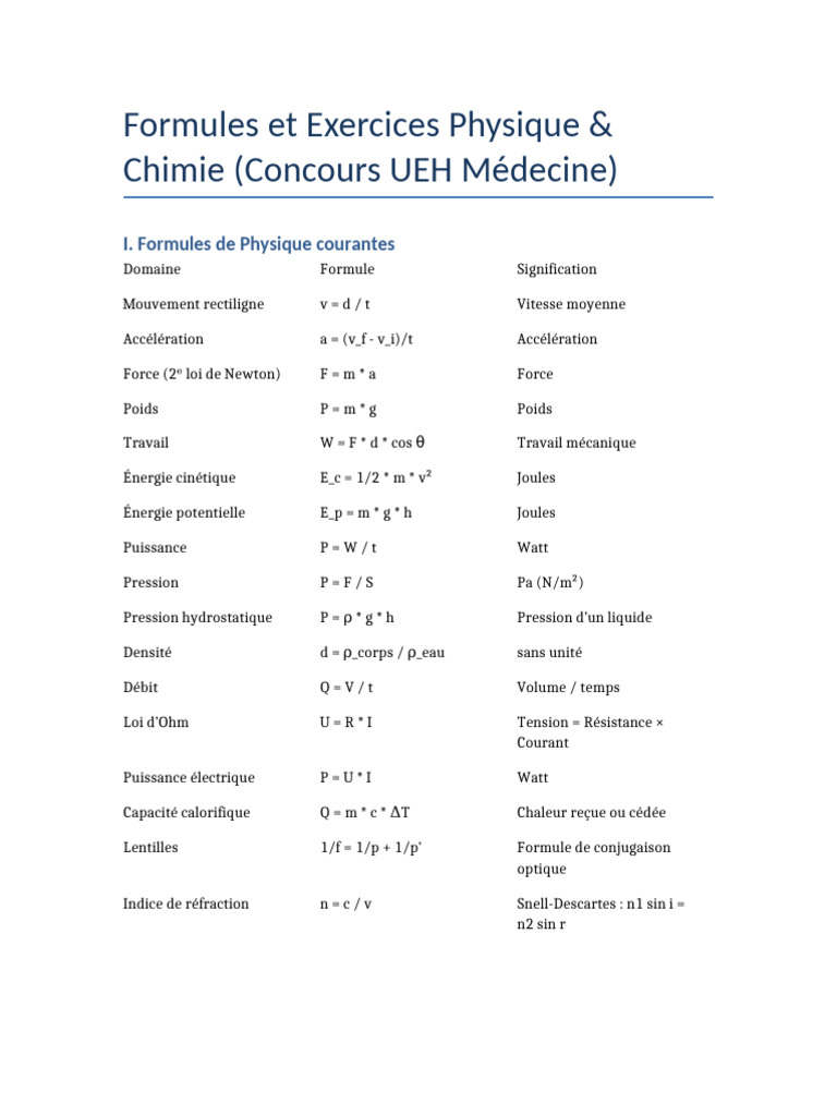 Formules de Physique et Chimie PDF | PDF | Pression | Puissance (physique)