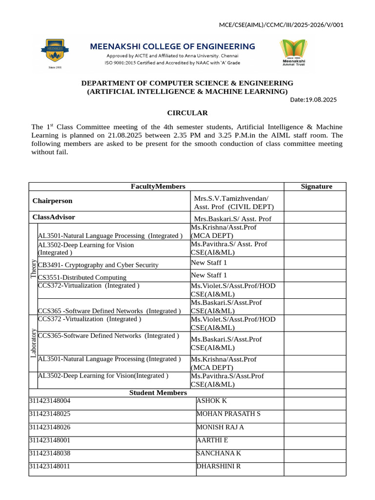 AIML 4th Semester Class Committee Meeting | PDF | Computing | Learning