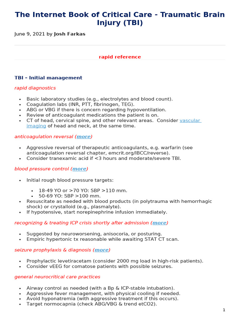 The Internet Book of Critical Care - Traumatic Brain Injury (TBI) | PDF ...