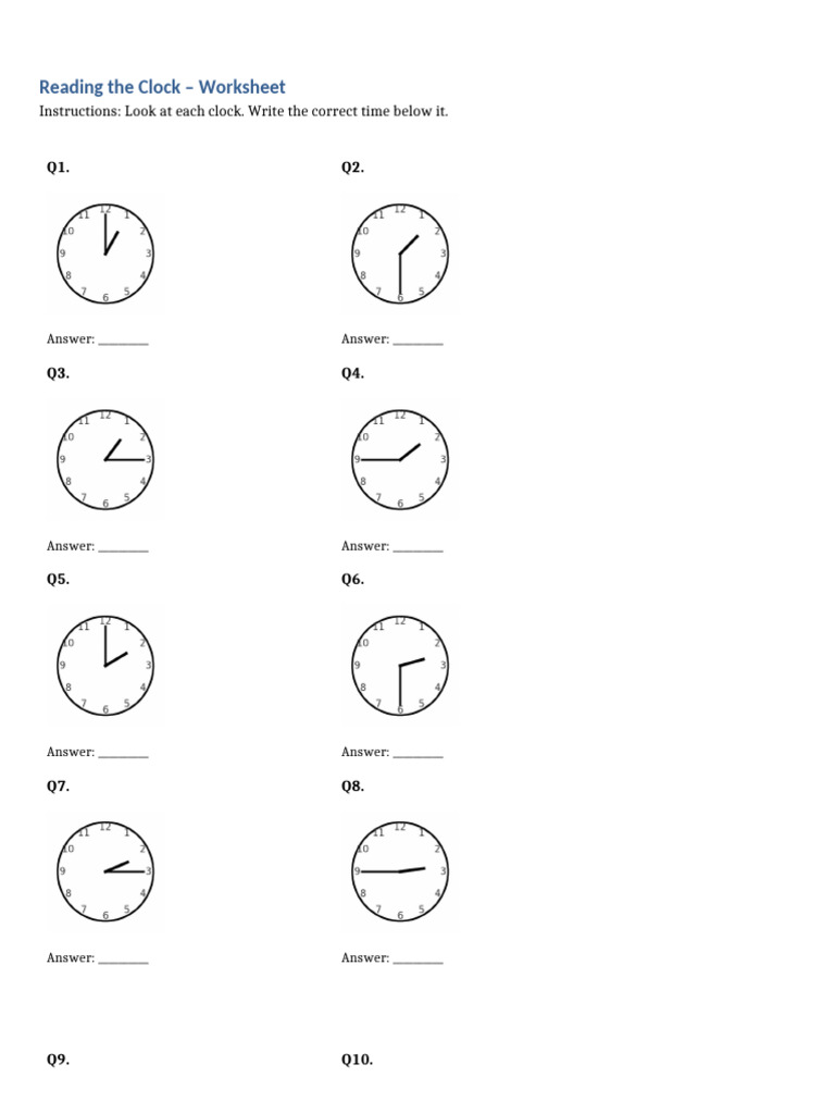 Clock Reading Practice Worksheet | PDF