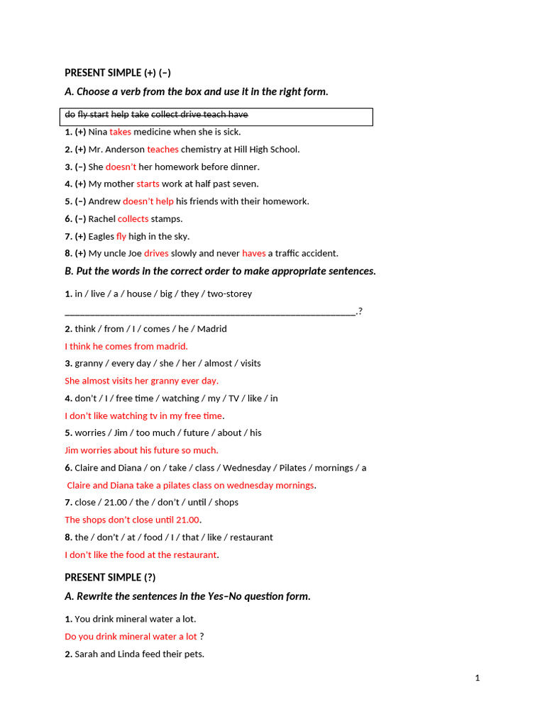 Simple Present Tense Grammar Actv. 3b (3rd Unit) | PDF