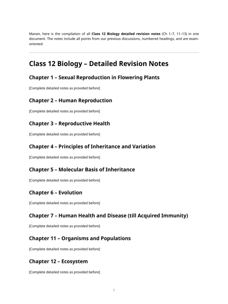 Class 12 Biology Revision Notes PDF | PDF