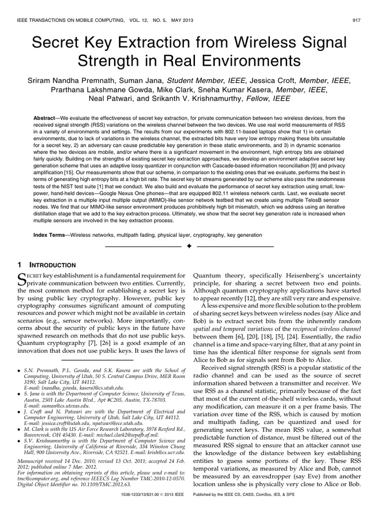 Secret Key Extraction From Wireless Signal Strength in Real ...