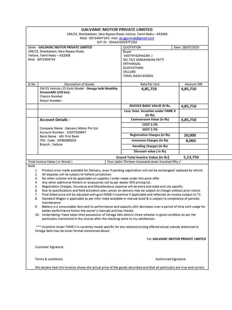 Quotation for Omega Seiki EV Vehicle | PDF | Invoice | Pricing