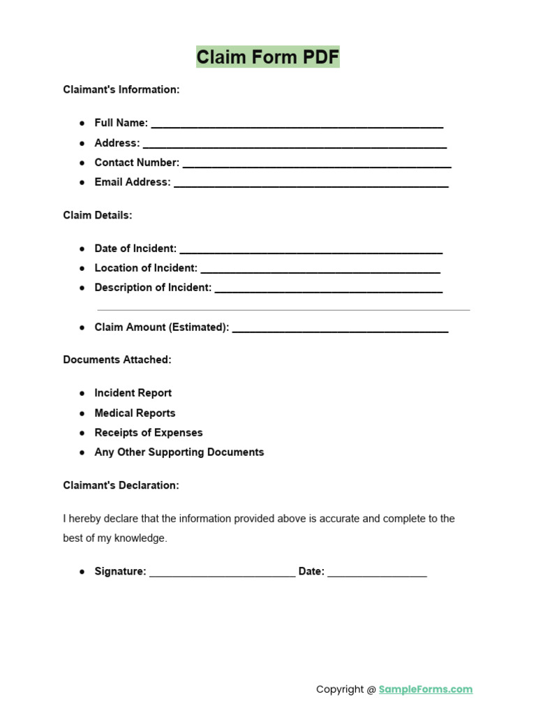 Claim Form Template for Incidents | PDF