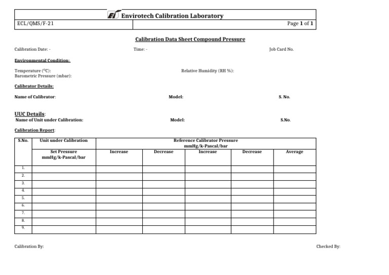 Calibration Data Sheet for Pressure Units | PDF