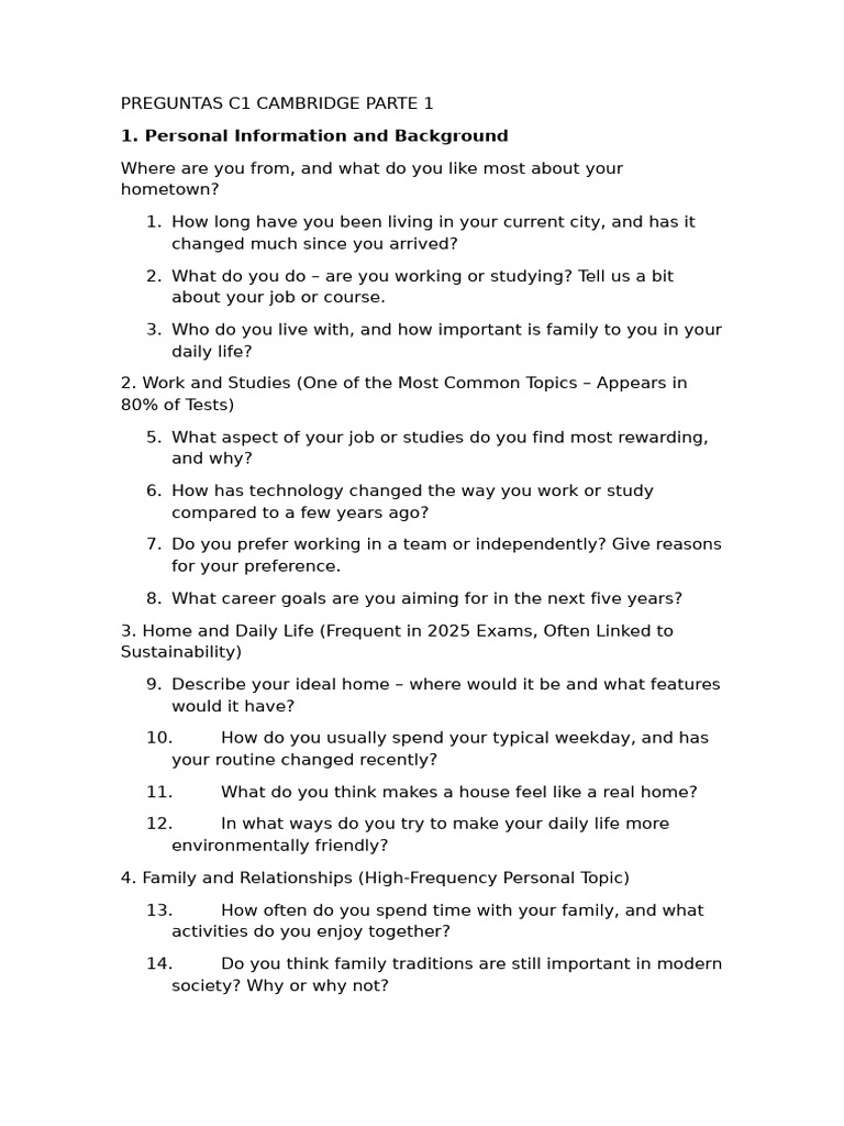 Cambridge C1 Speaking Questions Guide | PDF | Hobbies