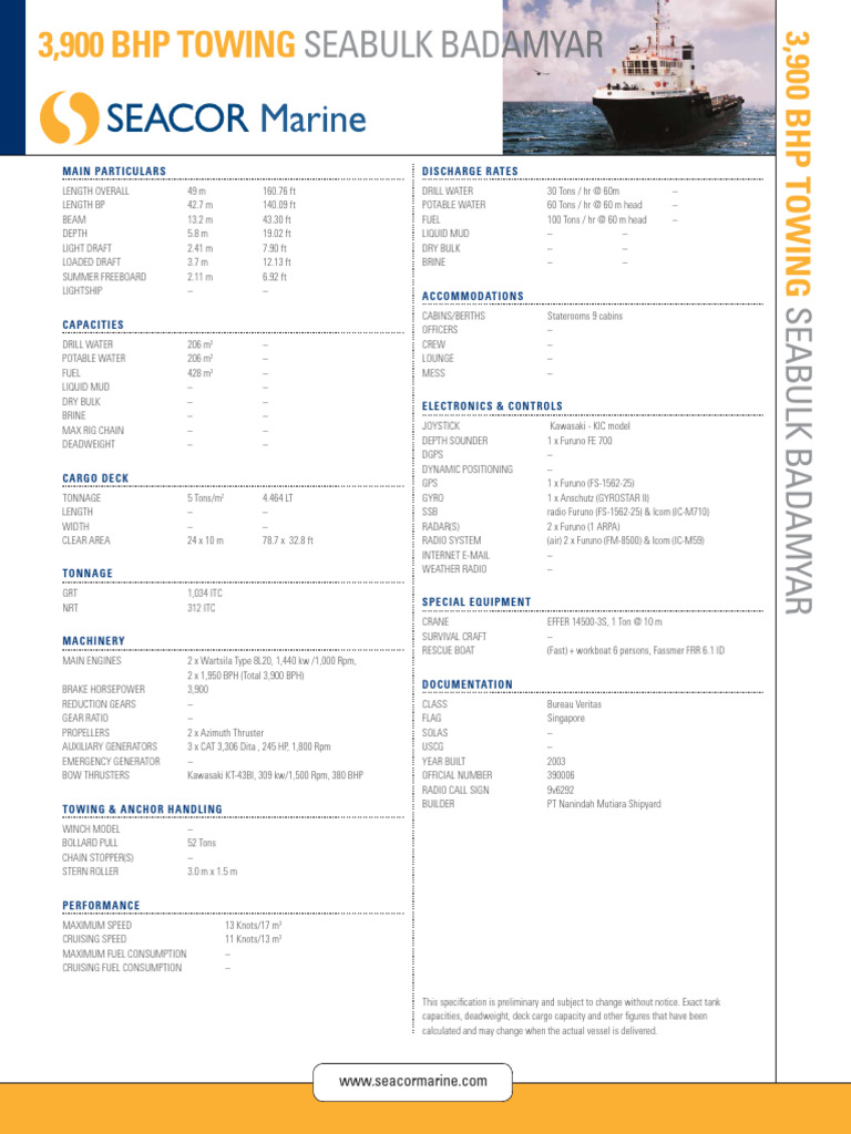 Seabulk Badamyar Specifications | PDF | Horsepower | Ships