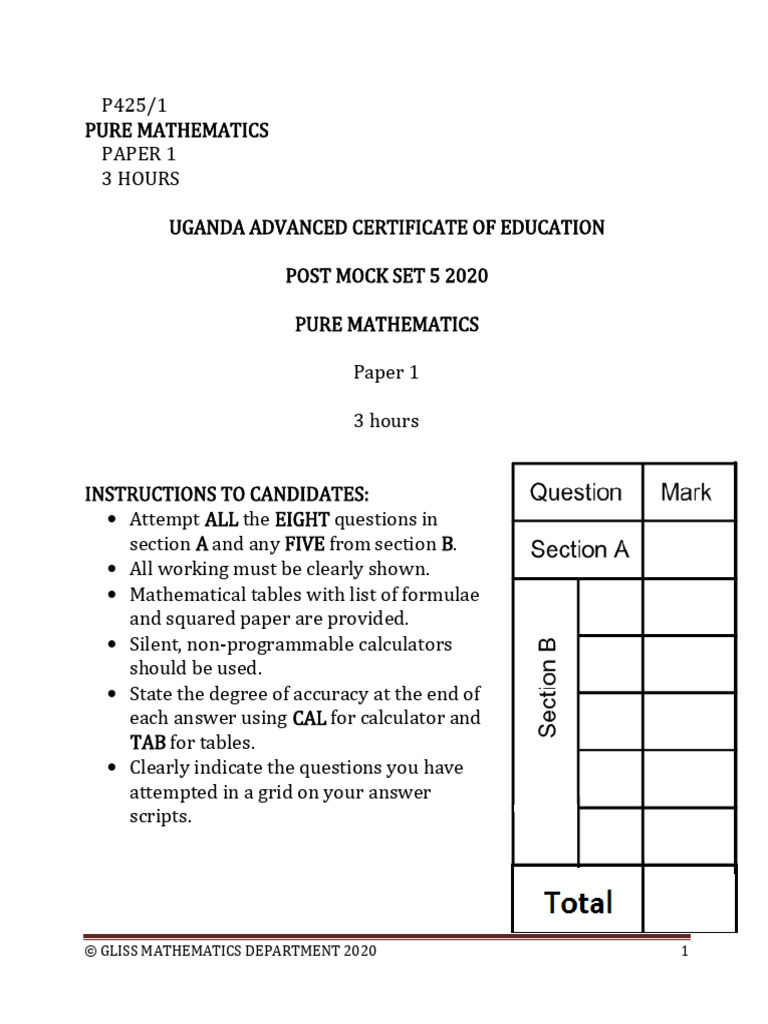 Uganda A-Level Pure Mathematics Exam 2020 | PDF | Equations | Mathematics