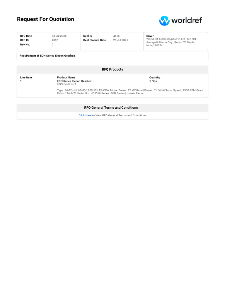RFQ for EON Series Elecon Gearbox | PDF