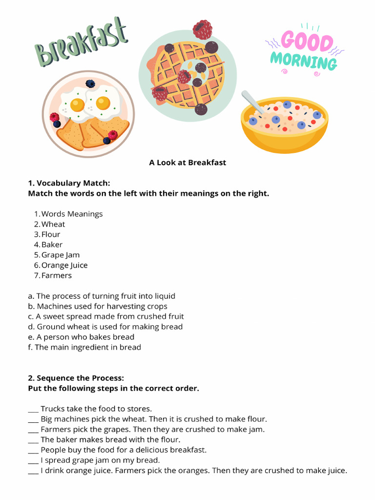 A Look at Breakfast - Worksheet Homework | PDF