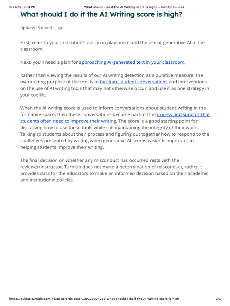 What Should I Do If The AI Writing Score Is High - Turnitin Guides | PDF