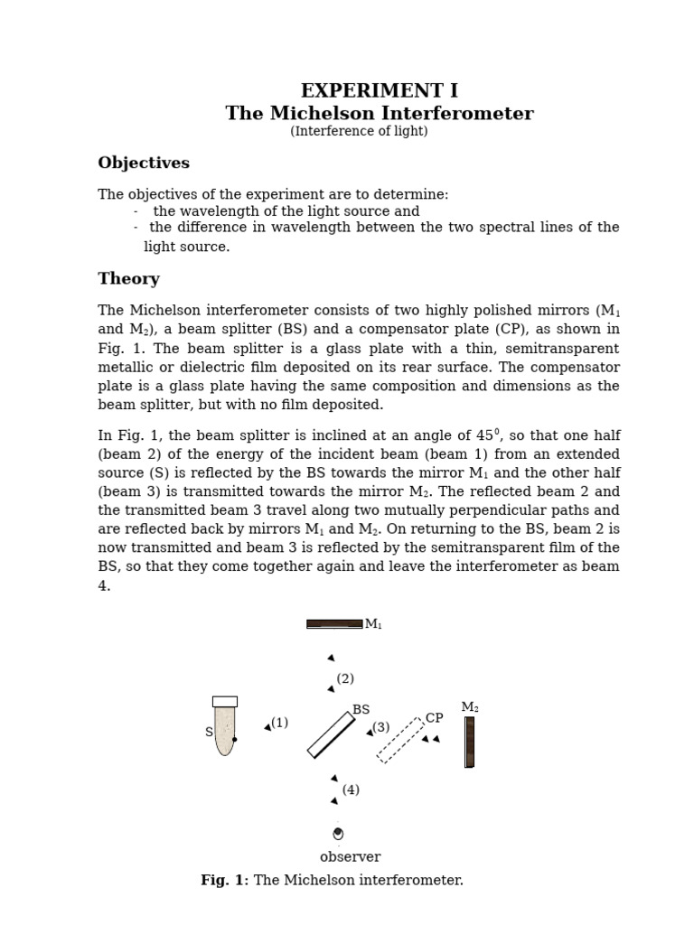 Michelson Interferometer Experiment Guide | PDF | Refractive Index | Optics