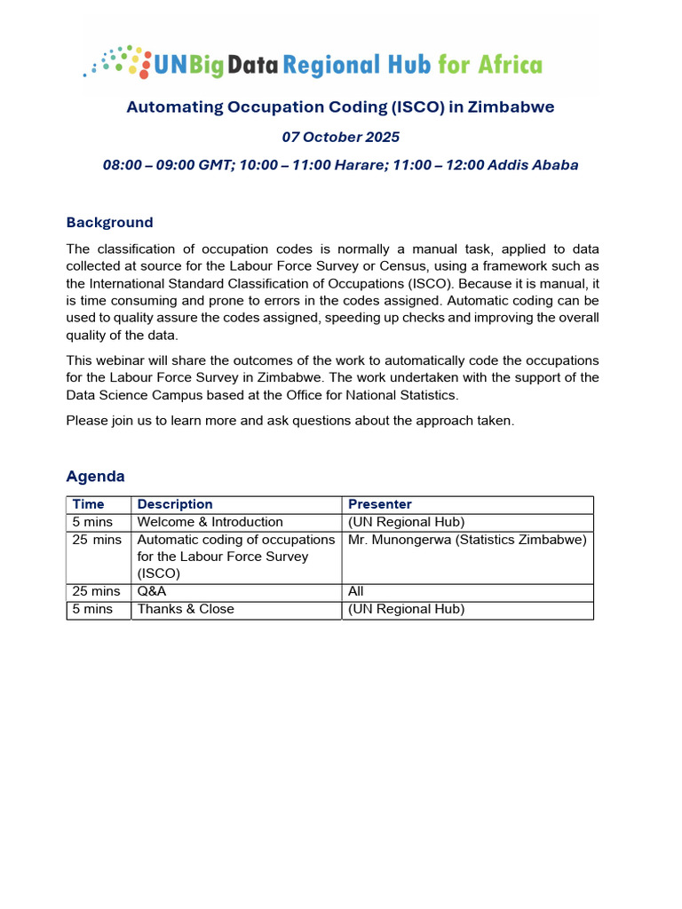 UN Regional Hub Webinar - Automating ISCO - ZimStat | PDF