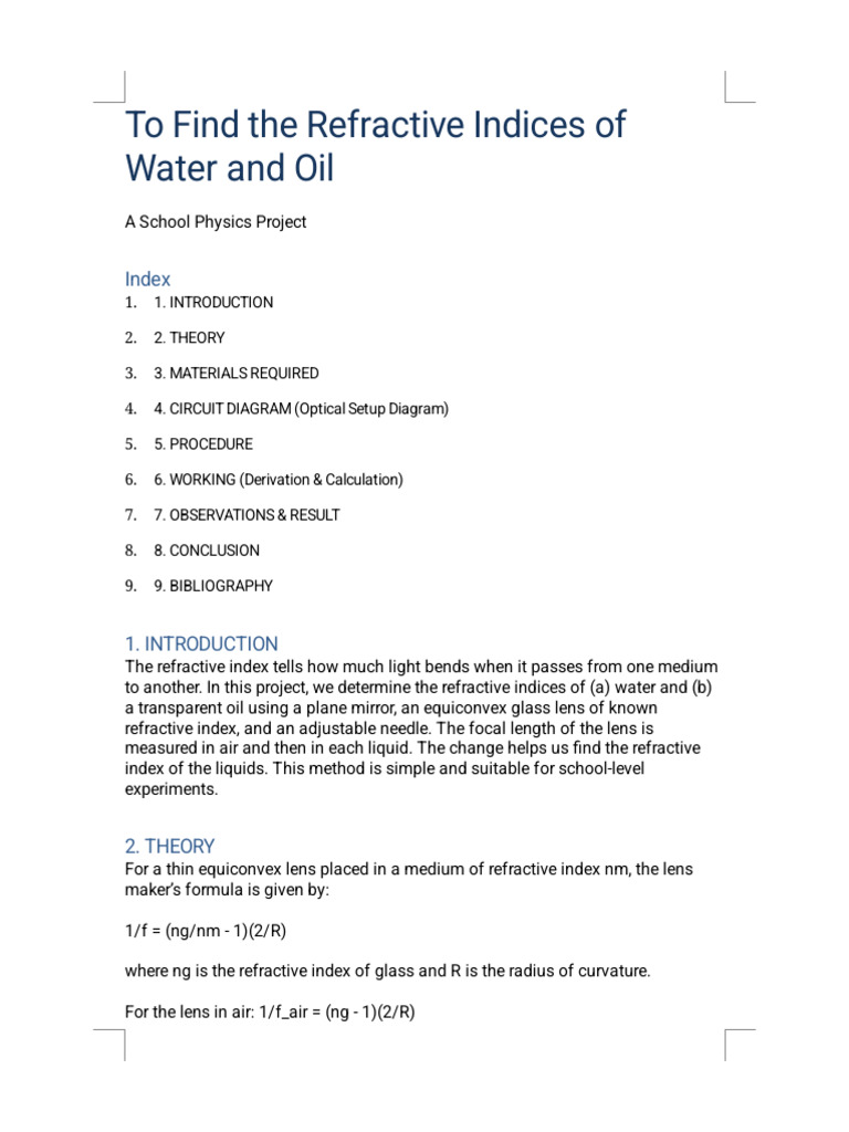 Refractive Indices of Water and Oil | PDF | Refractive Index | Optics