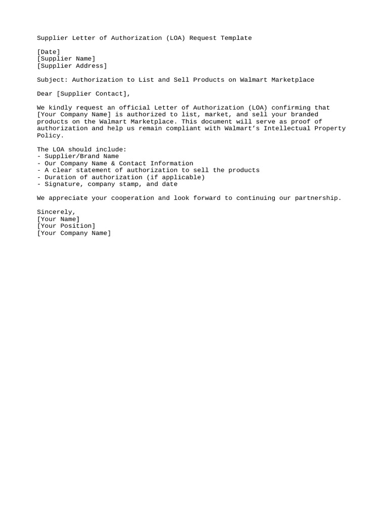 Walmart Marketplace LOA Request Template | PDF