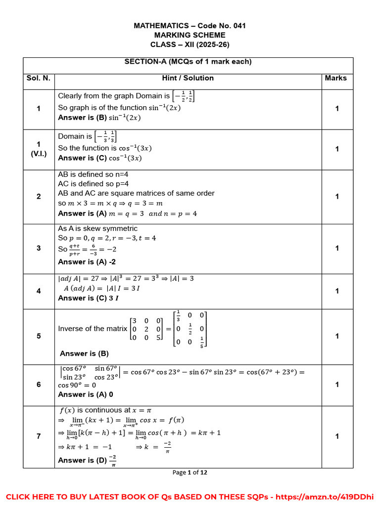 Class XII Mathematics Marking Scheme 2025-26 | PDF | Mathematical ...
