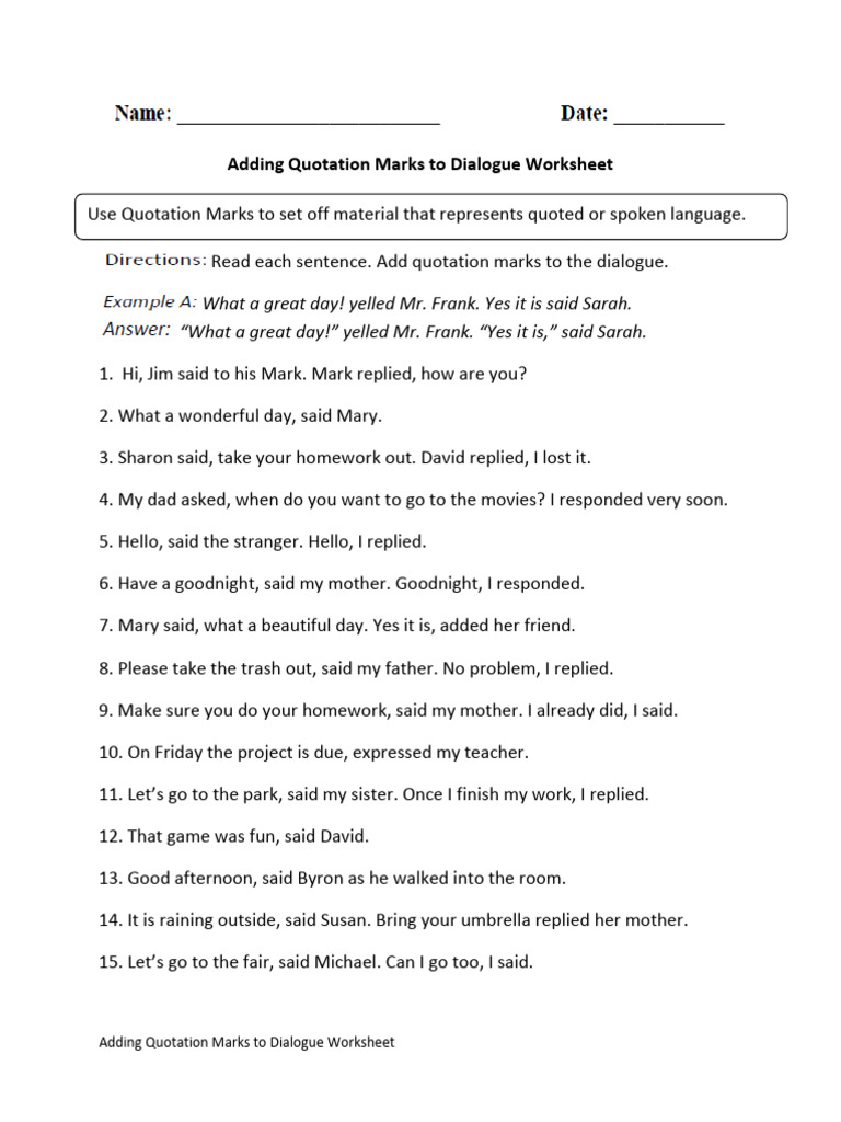 Quotation Marks in Dialogue Worksheet | PDF