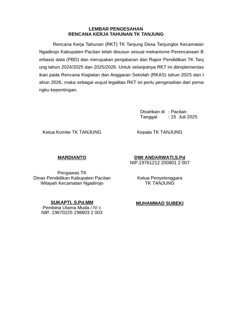 RKT TK Tanjung 2025 Disahkan | PDF