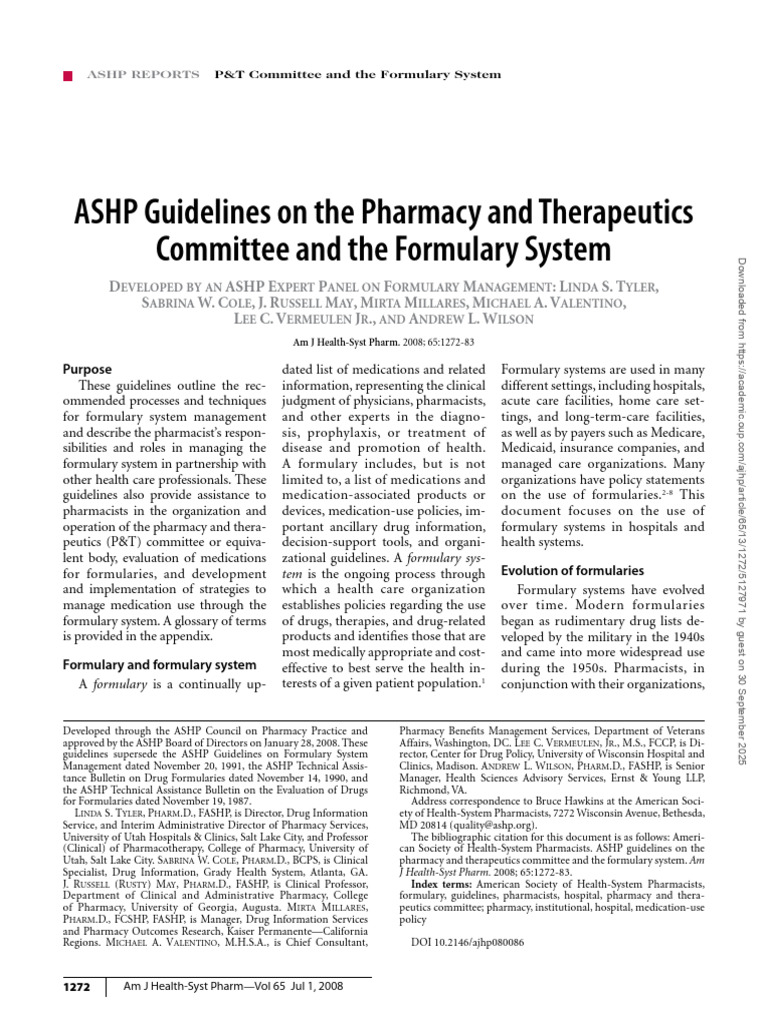 ASHP Guidelines for Formulary Management | PDF | Pharmacy | Evidence ...