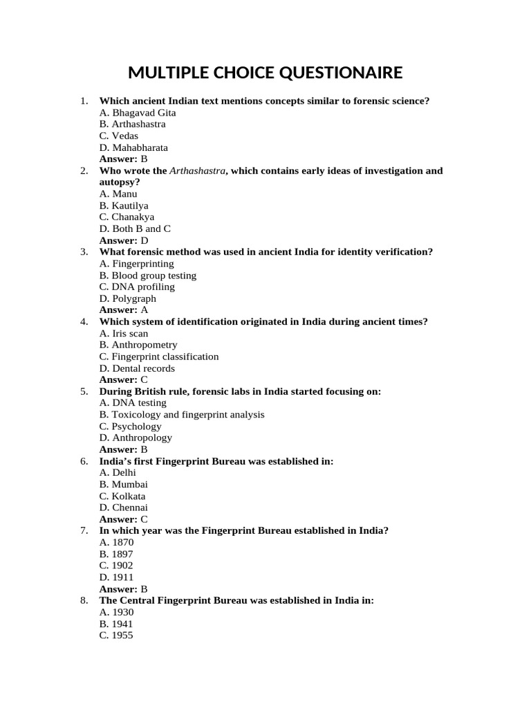 Multiple Choice Questionaire | PDF | Forensic Science | Crimes