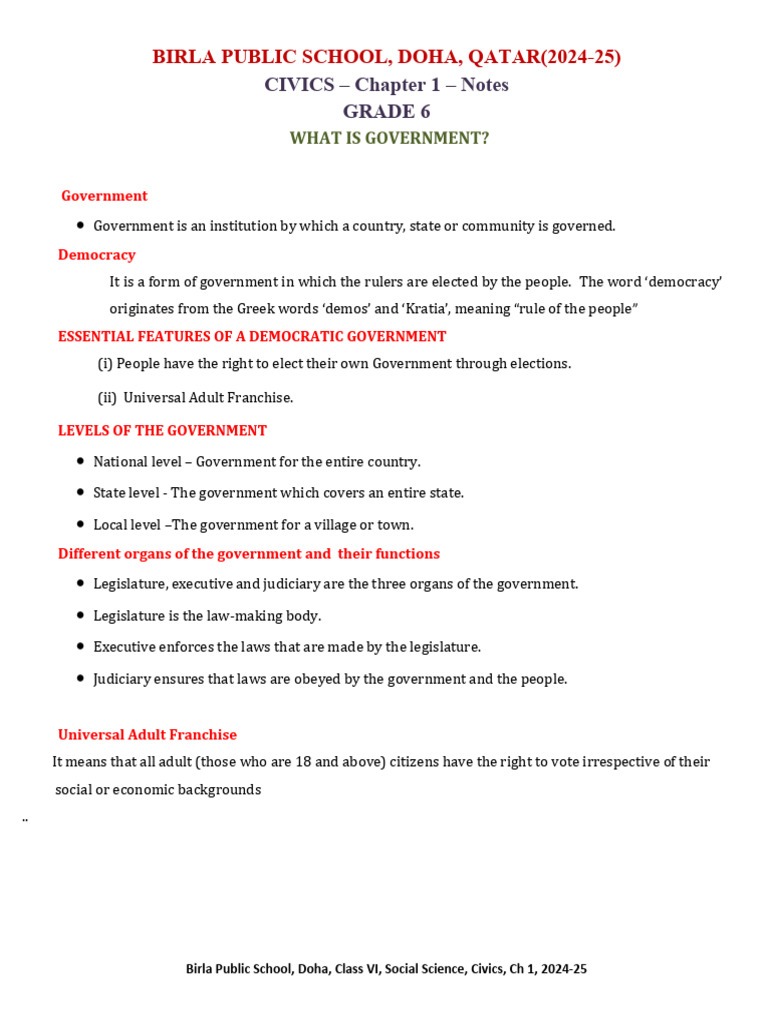 Grade 6 Civics CH 1 What Is Government Notes | PDF | Democracy ...